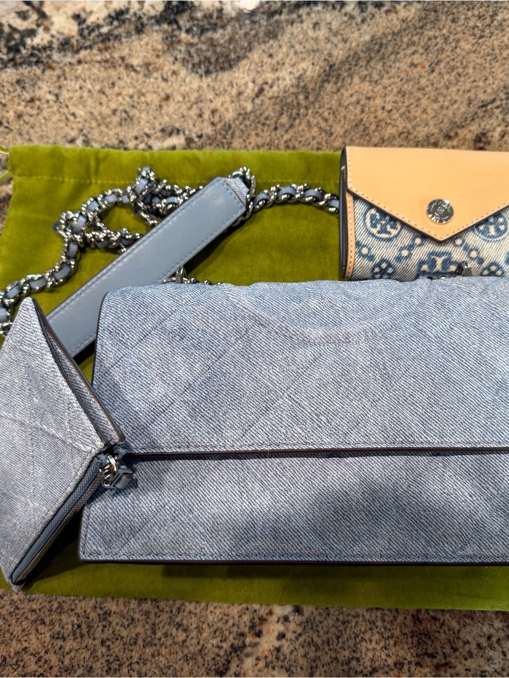 Authentic - LIKE NEW- Tory Burch Light Blue Denim Crossbody Shoulder Bag. +BONUS